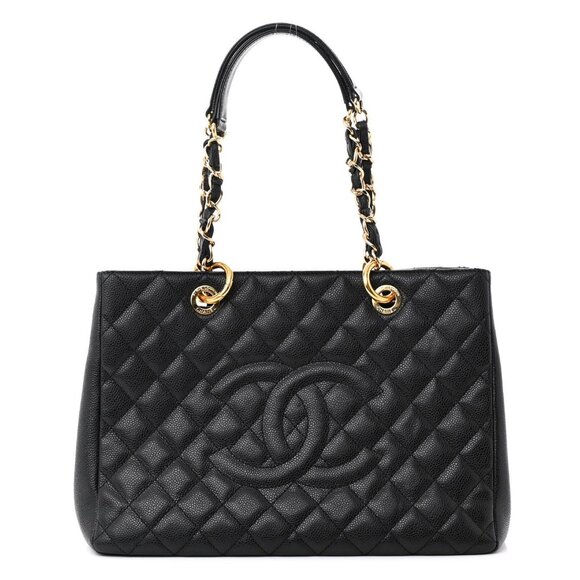 Authentic CHANEL GST Caviar Grand Shopping Tote Quilted Shoulder Bag Black Chain - Picture 1 of 16